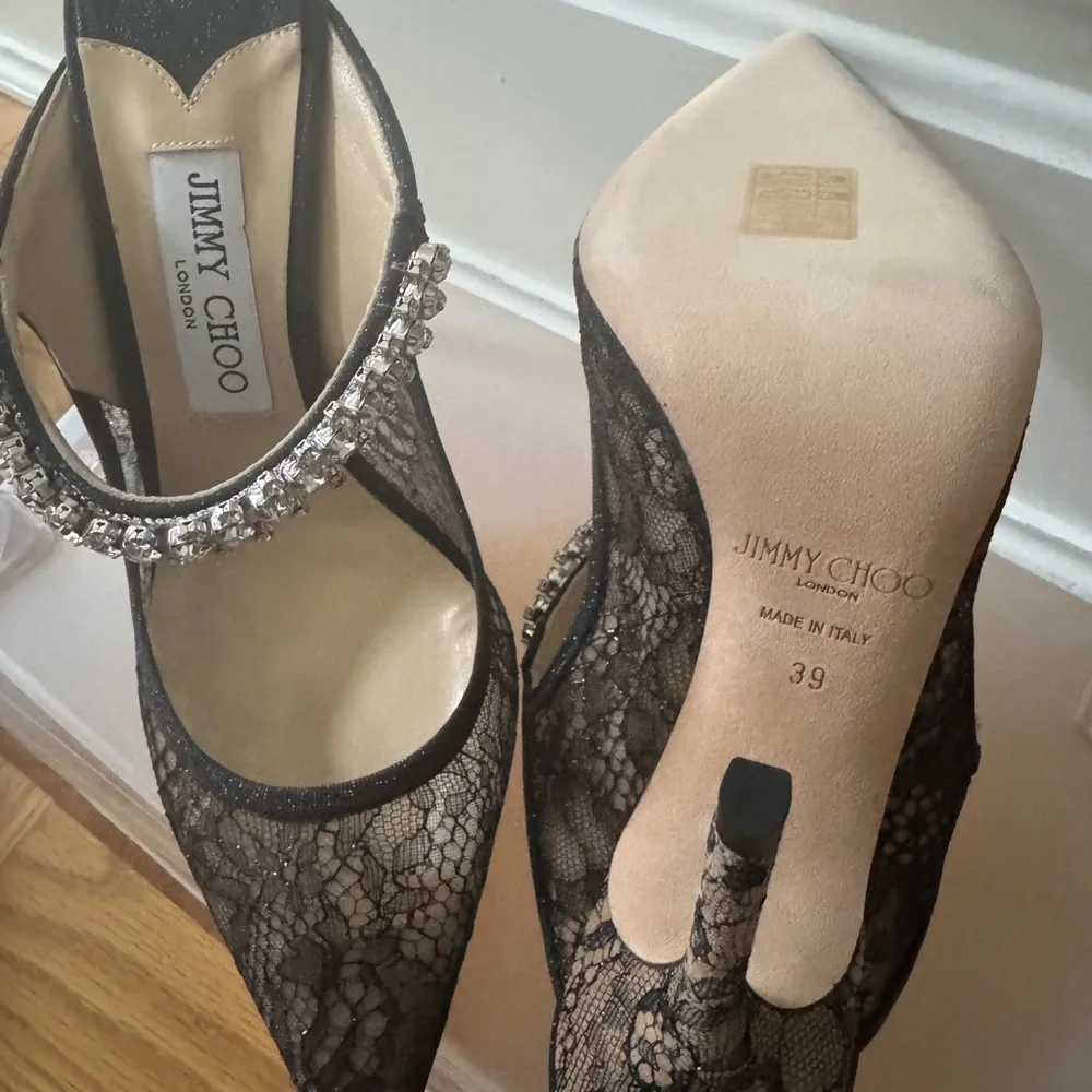 Jimmy Choo Bing 65 Black Lace Heels with Glitter Strap, Size 8, Never Worn - Picture 2 of 2